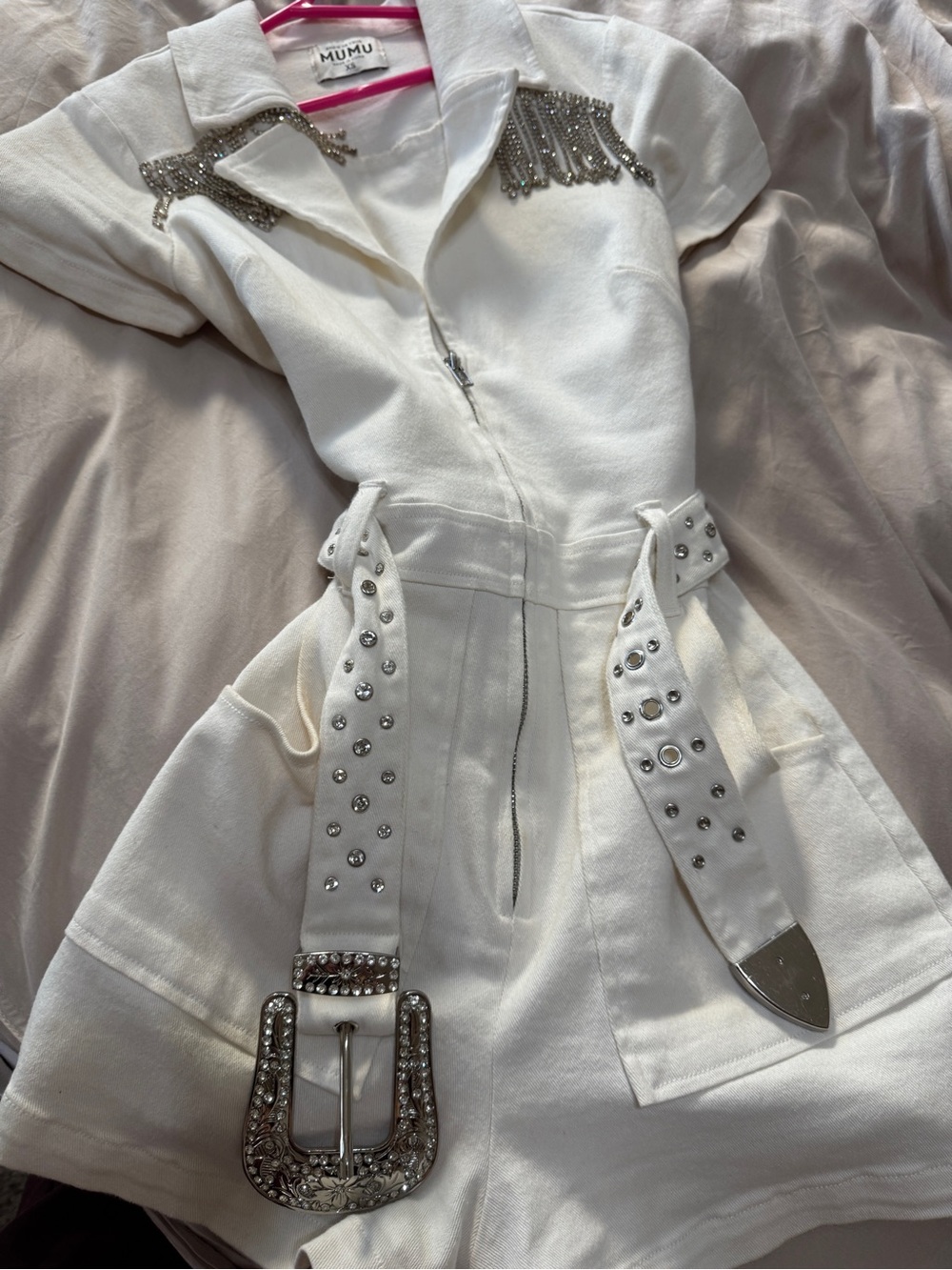 White Short Sleeve Zip-Front Romper with Embellished Belt - Picture 15 of 16